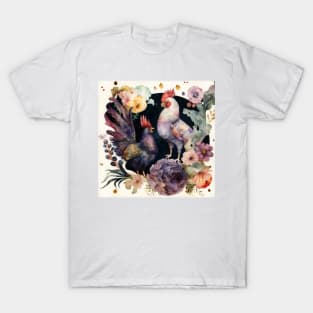 Cute Watercolor Floral Rooster, Farm Animal, T-Shirt